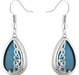 Solvar Rhodium Plated Book of Kells Aqua Cat Eye Drop Earrings