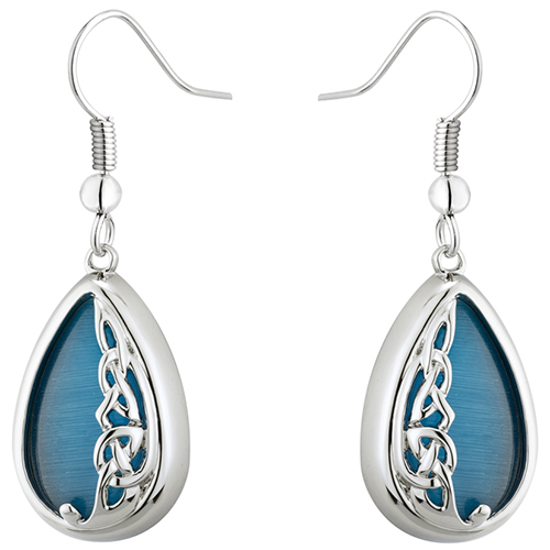 Solvar Rhodium Plated Book of Kells Aqua Cat Eye Drop Earrings